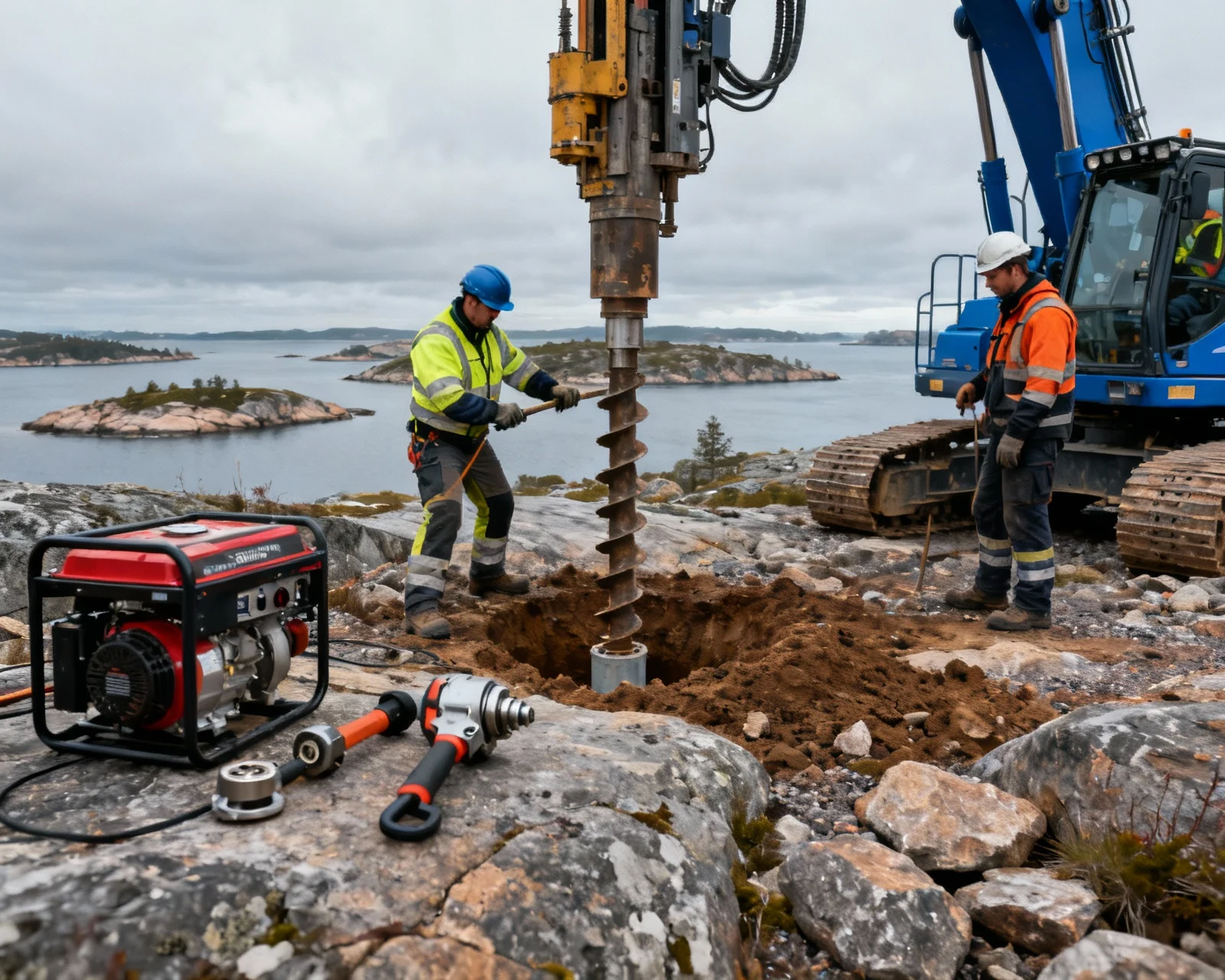 Installation av markskruvar på bergig terräng Värmdö